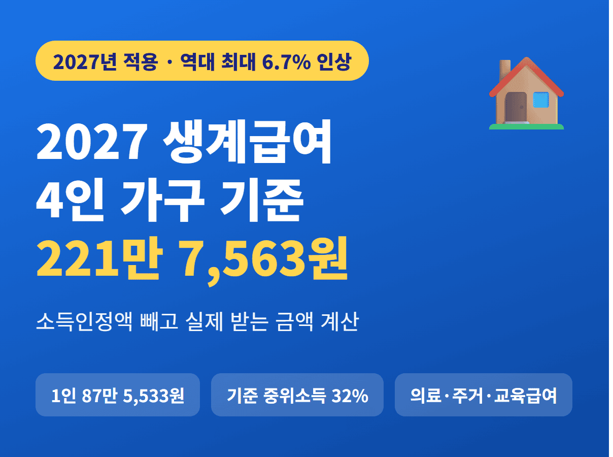 2027 생계급여 4인 가구 기준 221만 7,563원