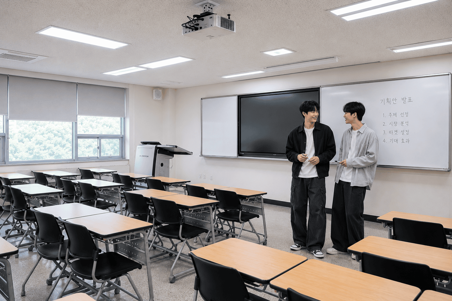 강의실에서 이야기하는 대학생 두 명
